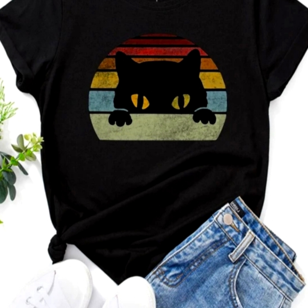 Cute Feline Retro Style Vintage Cat Unisex Short Sleeve Kitty Size Small Tshirt
